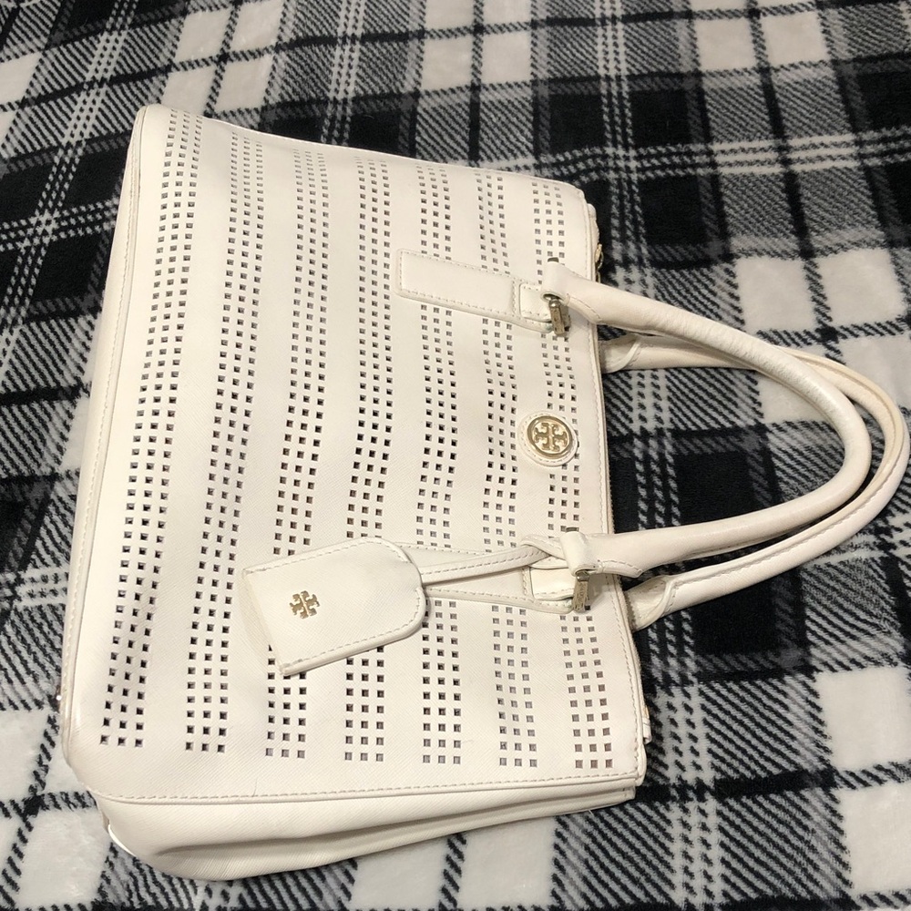 Tory Burch White Perforated Leather Tote with Gold Logo